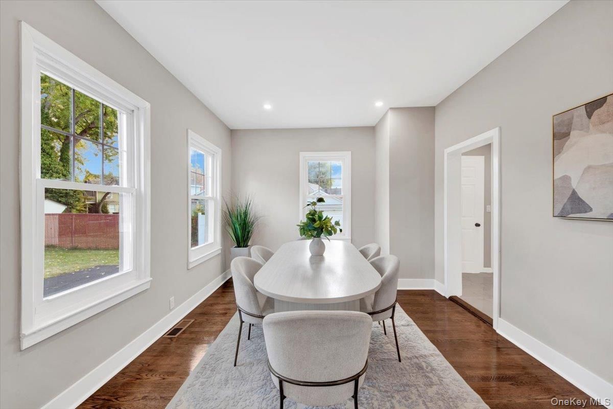 Dining room, Interior, Recessed Lighting, Wood Texture Flooring