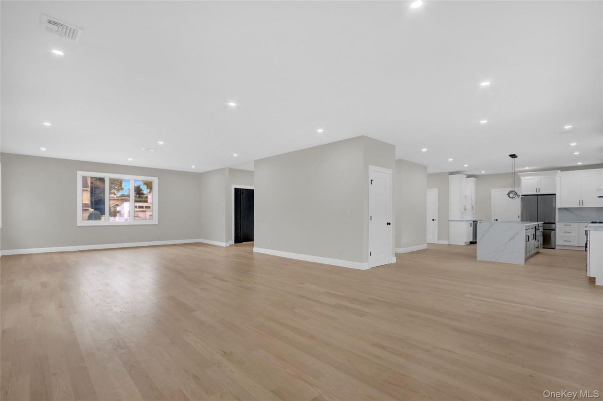 Empty room, Interior, Kitchen, Pendant Lights, Recessed Lighting, Wood Texture Flooring