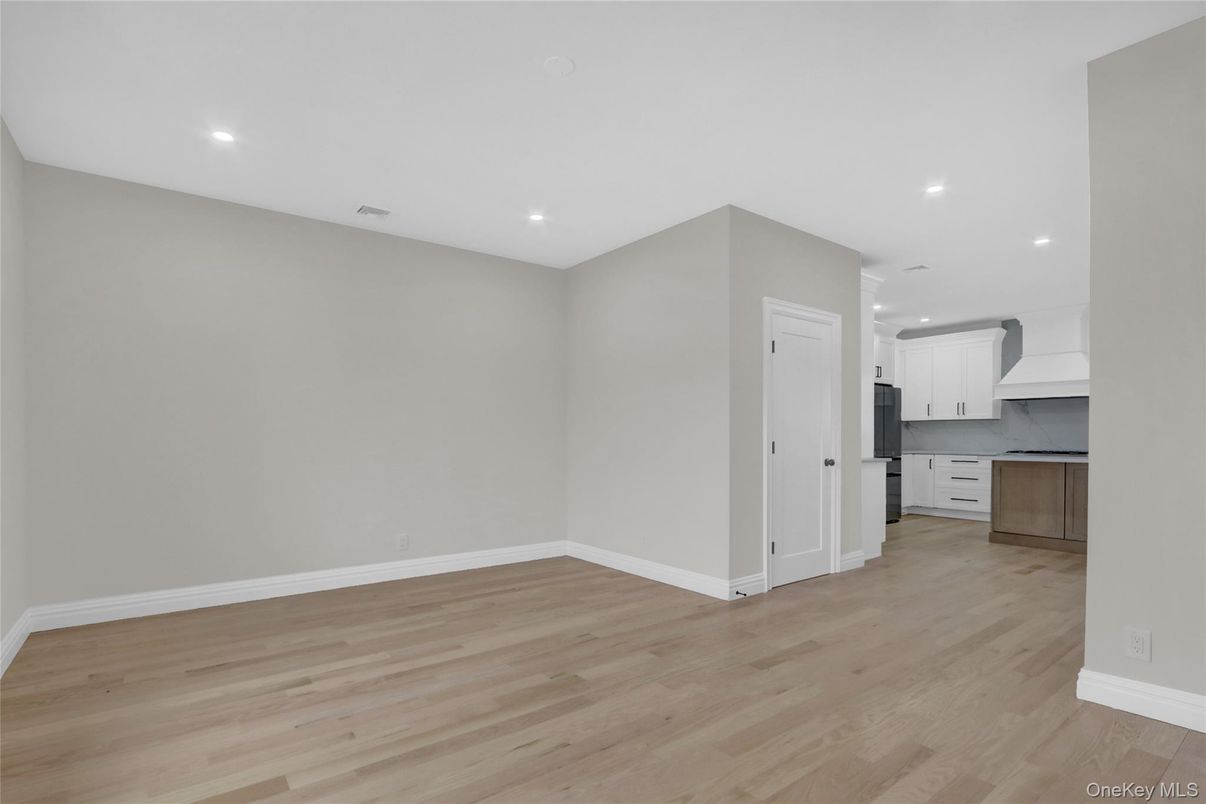 Empty room, Interior, Kitchen, Recessed Lighting, Wood Texture Flooring