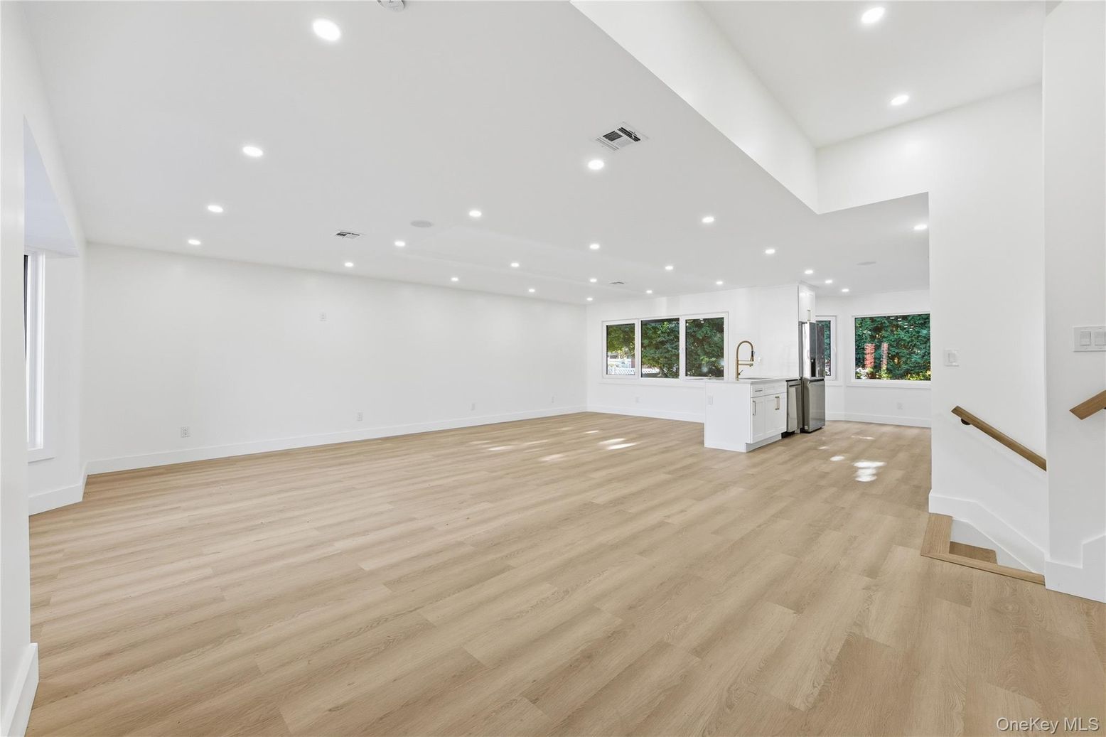 Empty room, Interior, Kitchen, Recessed Lighting, Wood Texture Flooring
