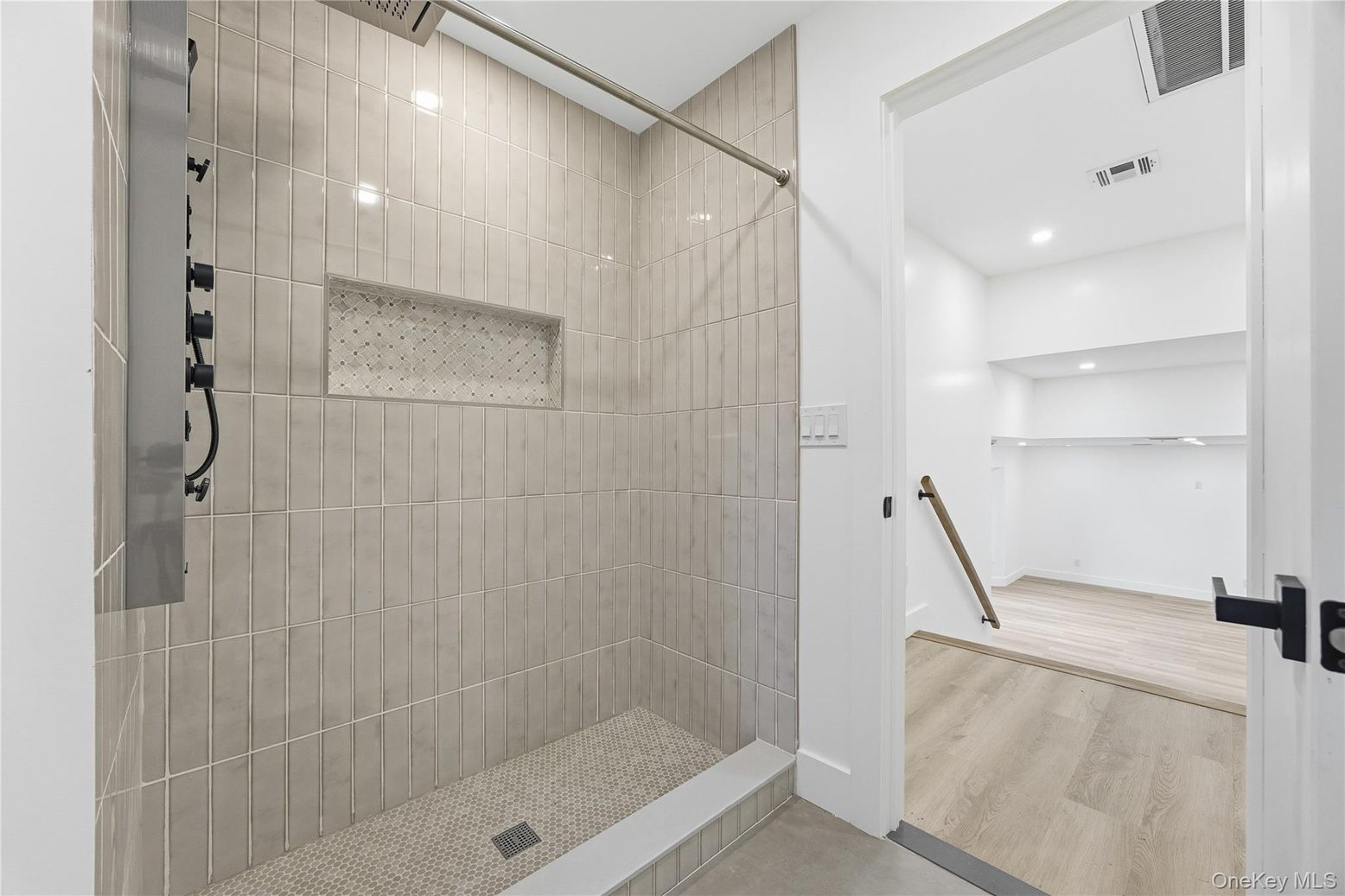 Bathroom, Glass Shower, Interior, Recessed Lighting, Wood Texture Flooring