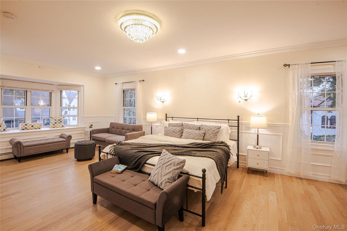 Bedroom, Chandelier, Interior, Recessed Lighting, Wood Texture Flooring