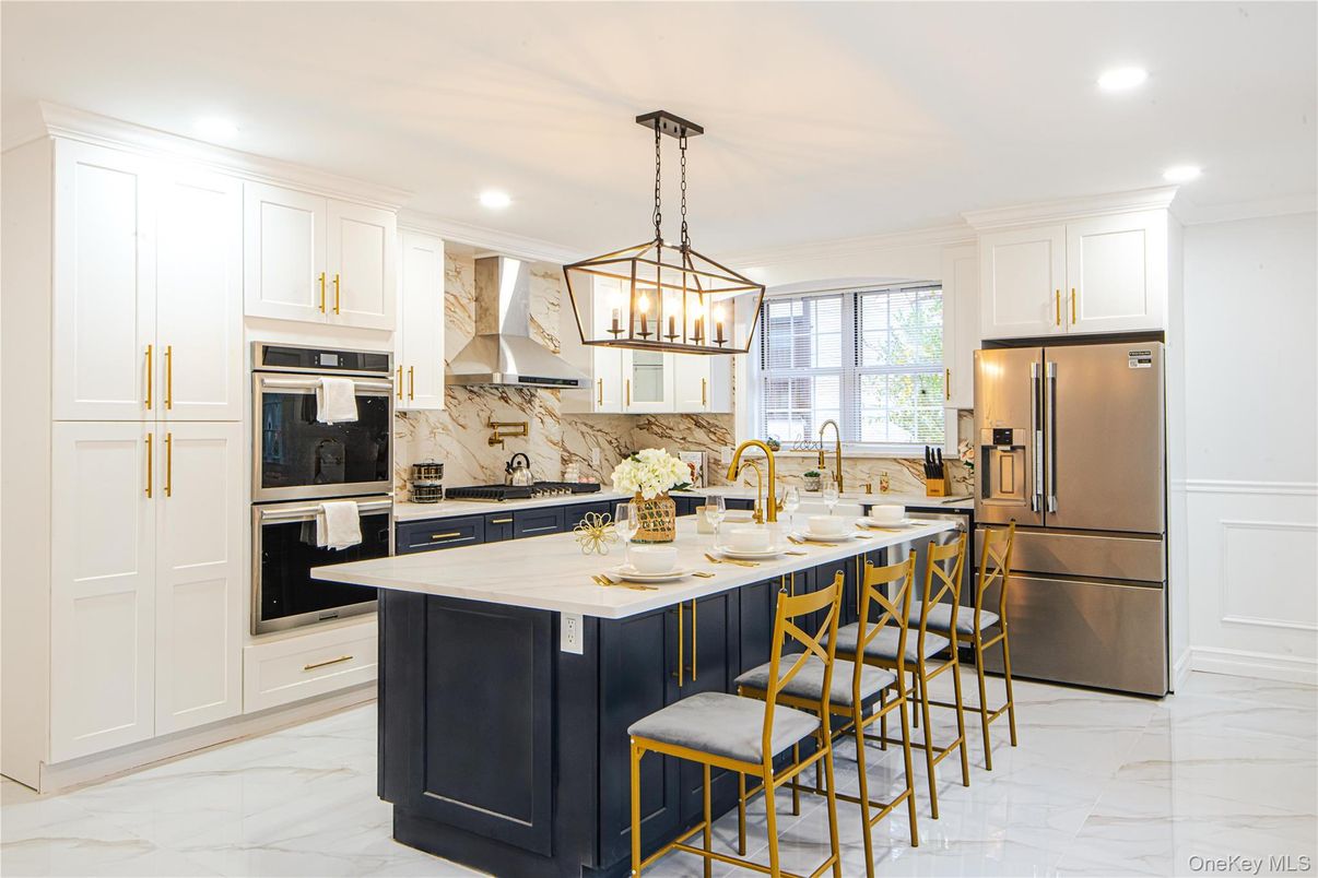 Interior, Kitchen, Marble, Pendant Lights, Recessed Lighting, Stainless Steel Appliances