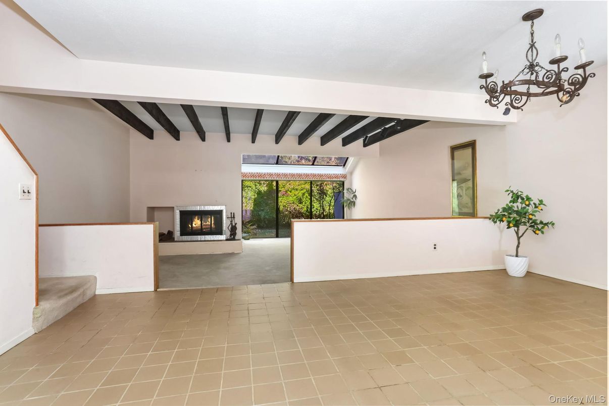 Chandelier, Empty room, Fireplace, Interior, Wooden Beams