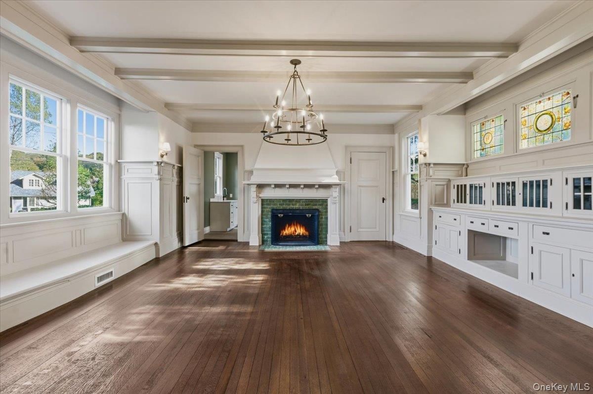 Chandelier, Empty room, Fireplace, Interior, Wood Texture Flooring