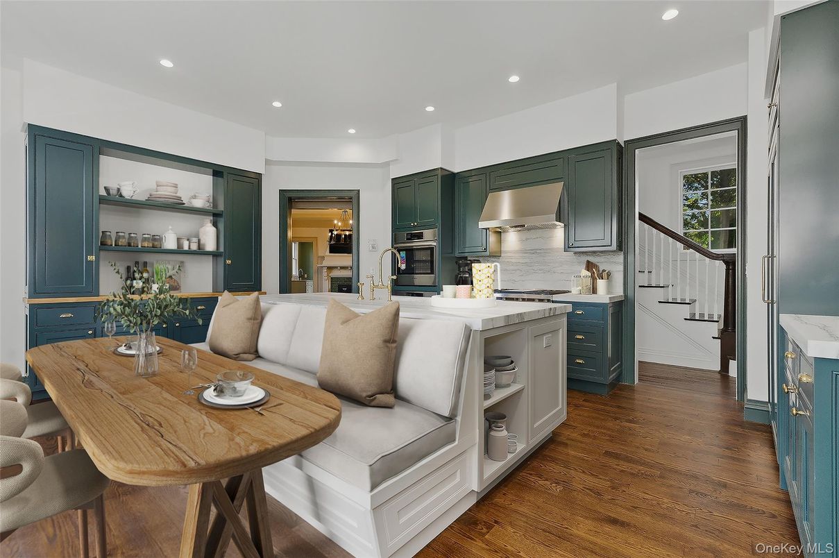 Dining room, Interior, Kitchen, Living room, Recessed Lighting, Stainless Steel Appliances, Wood Texture Flooring