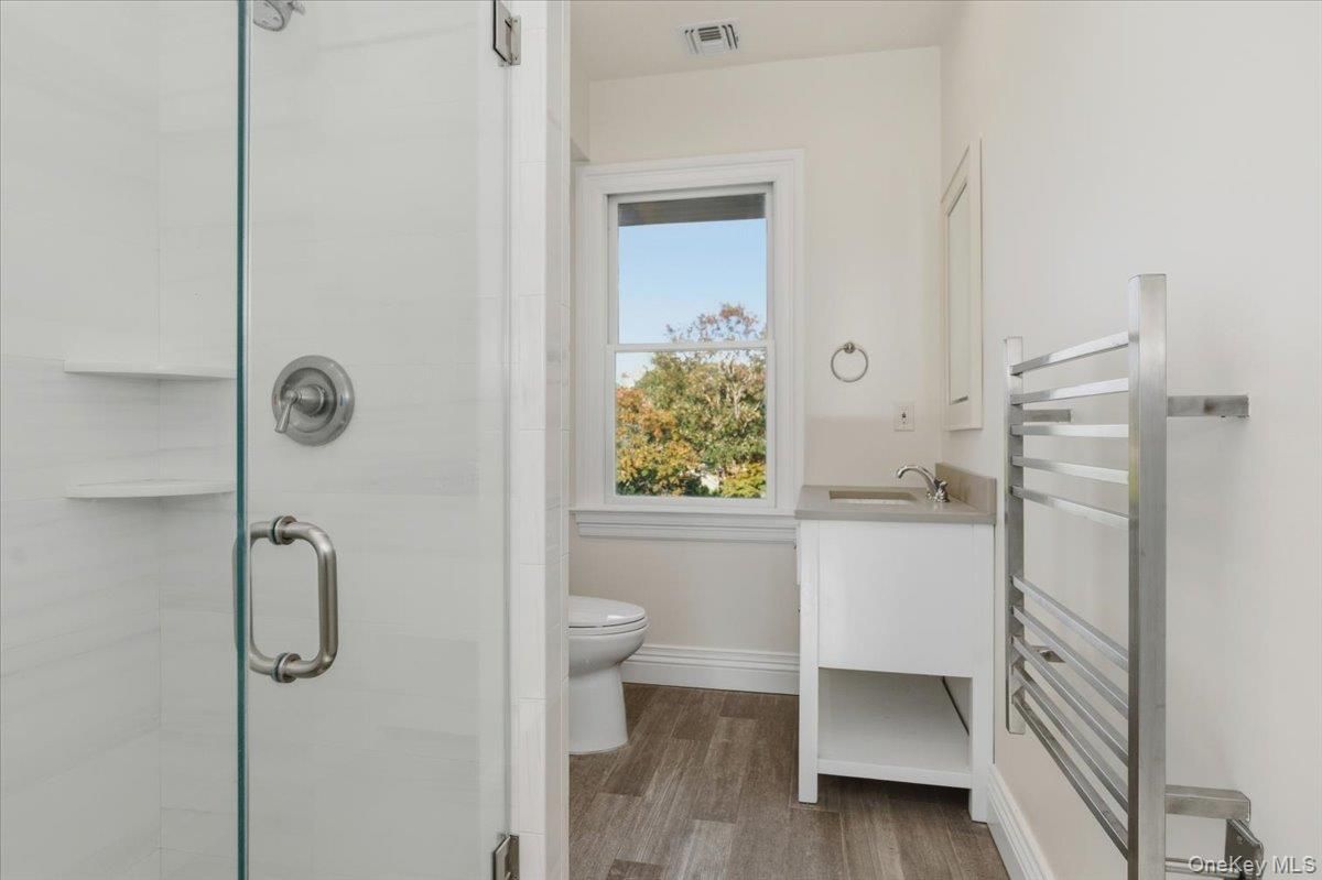 Bathroom, Glass Shower, Interior, Wood Texture Flooring