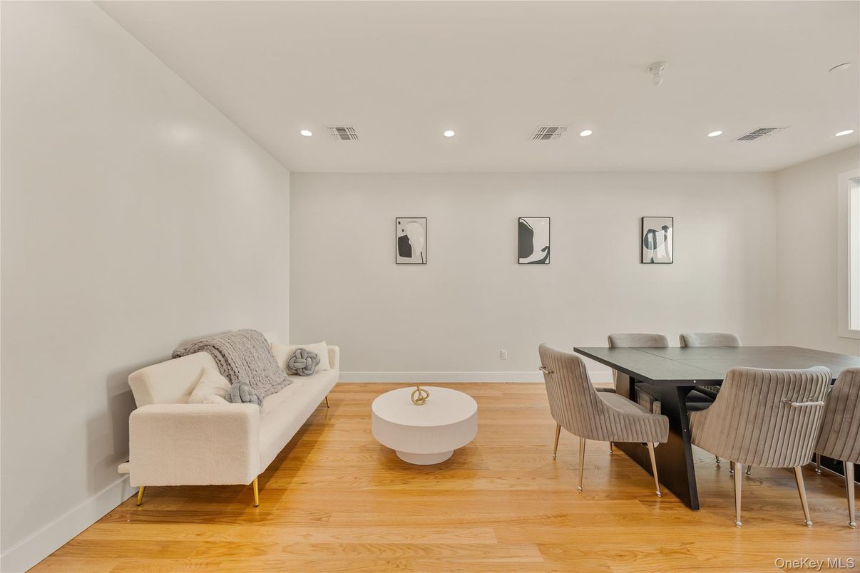 Dining room, Interior, Living room, Recessed Lighting, Wood Texture Flooring