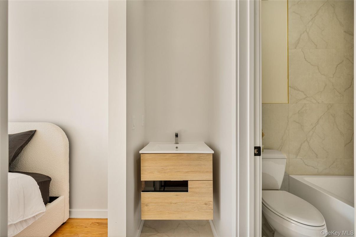 Bathroom, Interior, Marble Walls, Wood Texture Flooring