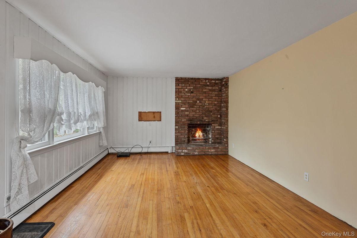 Empty room, Fireplace, Interior, Stone Walls, Wood Texture Flooring