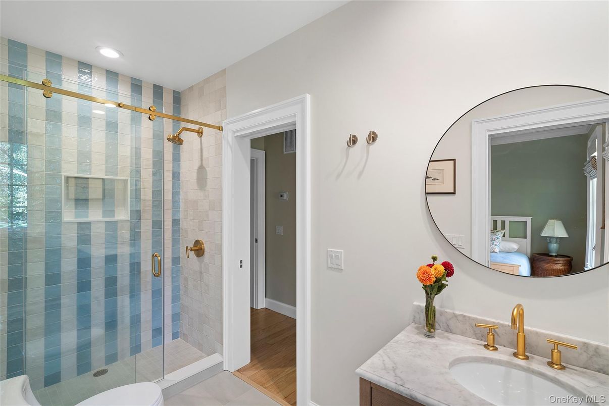 Bathroom, Glass Shower, Interior, Recessed Lighting, Wood Texture Flooring