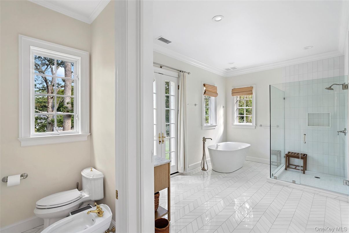 Bathroom, Free Standing Baths, Glass Shower, Interior, Recessed Lighting