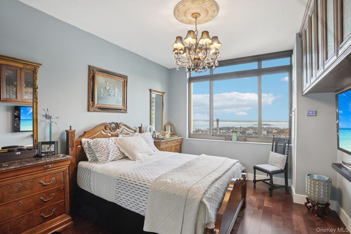 Bedroom, Chandelier, Interior, Water, Wood Texture Flooring