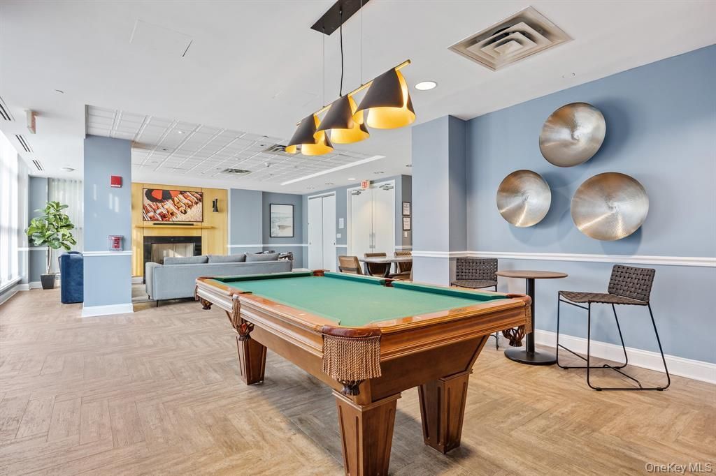 Billiard Table, Fireplace, Game Room, Interior, Pendant Lights, Recessed Lighting, Wood Texture Flooring