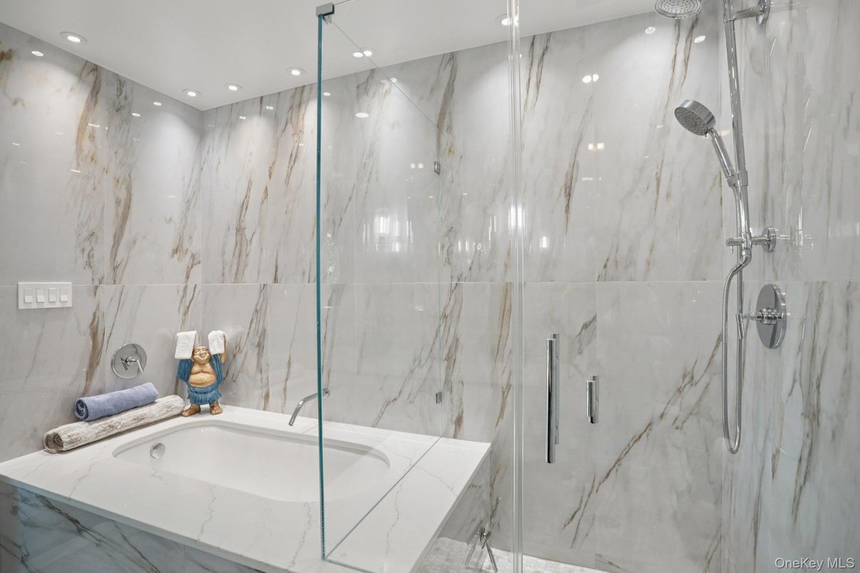 Bathroom, Glass Shower, Interior, Marble Walls, Recessed Lighting