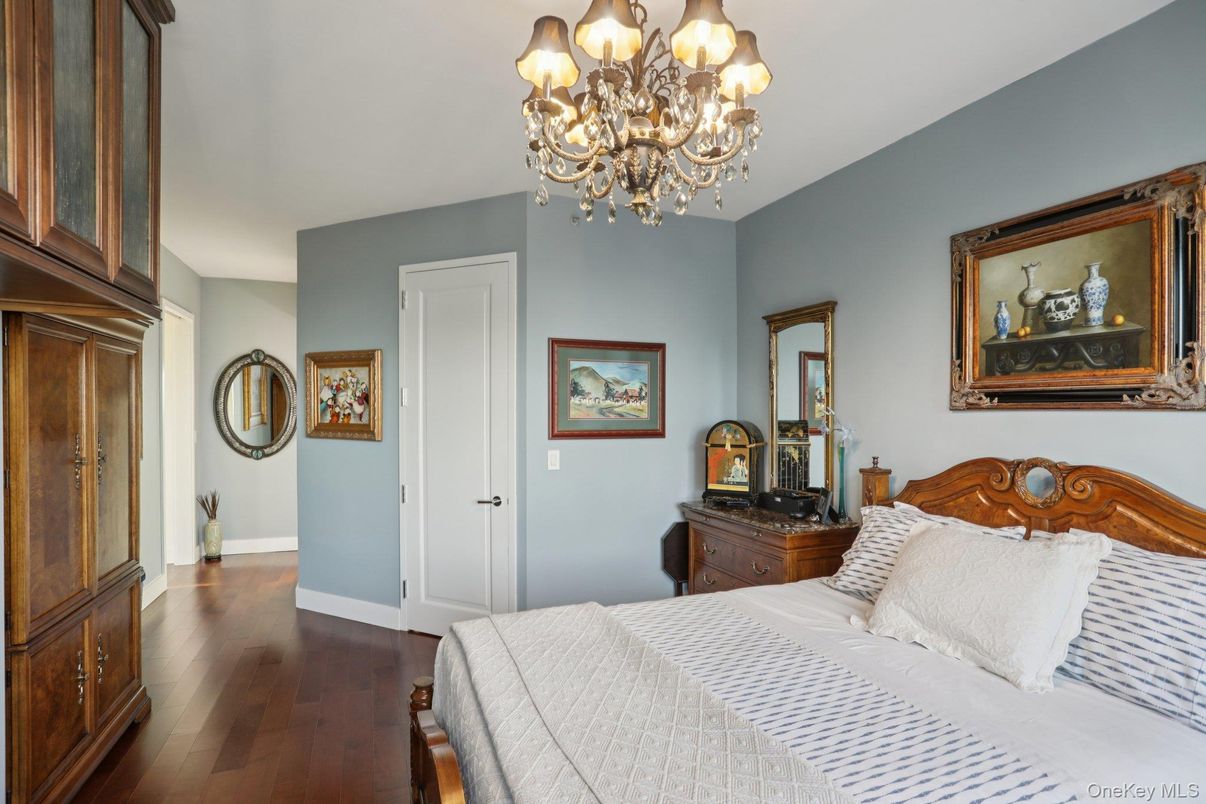 Bedroom, Chandelier, Interior, Wood Texture Flooring