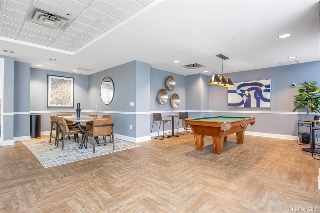 Billiard Table, Dining room, Game Room, Interior, Pendant Lights, Recessed Lighting, Wood Texture Flooring