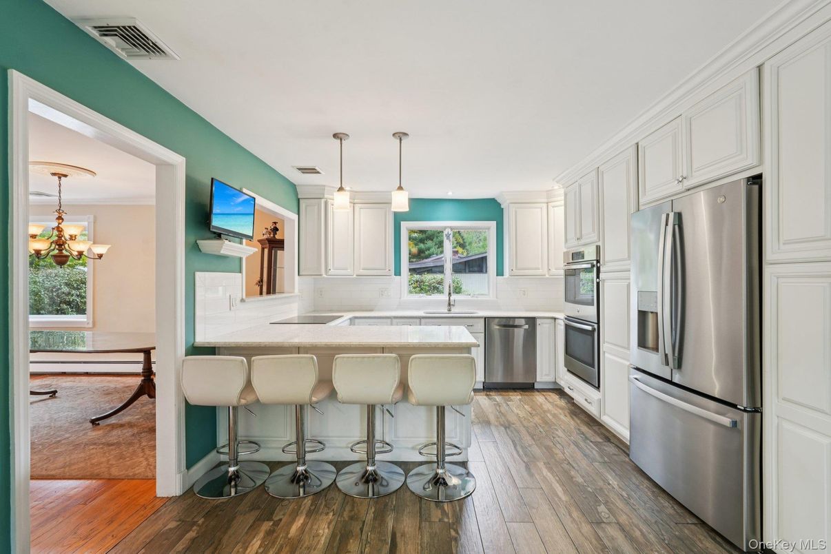 Interior, Kitchen, Pendant Lights, Stainless Steel Appliances, Wood Texture Flooring