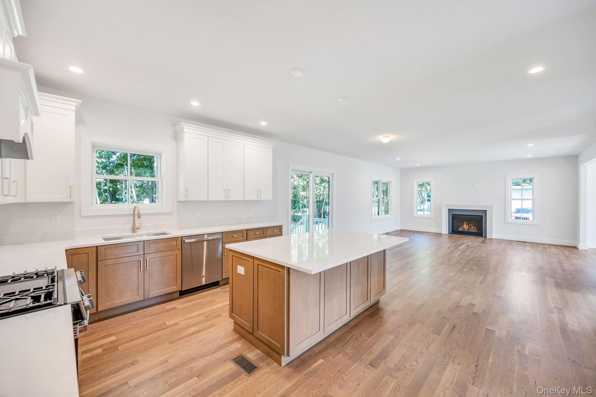 Fireplace, Interior, Kitchen, Recessed Lighting, Wood Texture Flooring