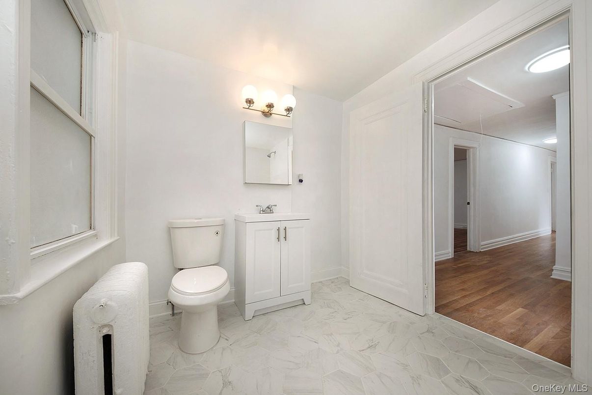 Bathroom, Interior, Marble, Recessed Lighting, Wood Texture Flooring