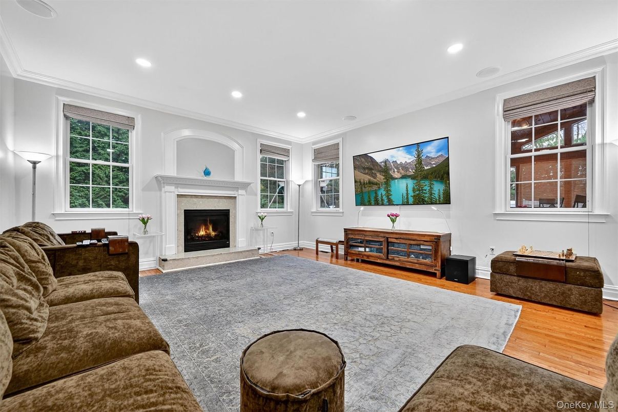 Fireplace, Interior, Living room, Recessed Lighting, Wood Texture Flooring