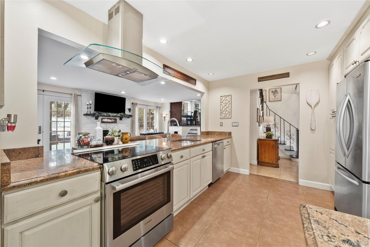 Interior, Kitchen, Recessed Lighting, Stainless Steel Appliances, Stone Walls