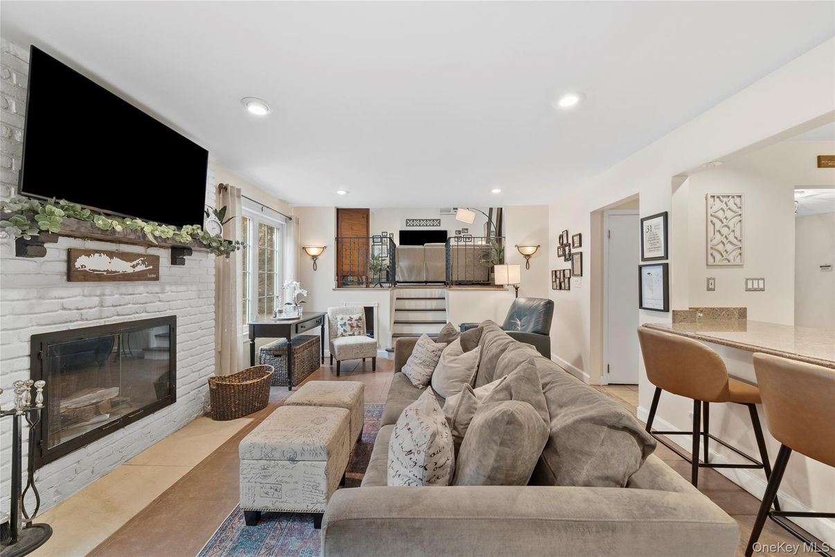 Fireplace, Interior, Living room, Recessed Lighting, Stone Walls