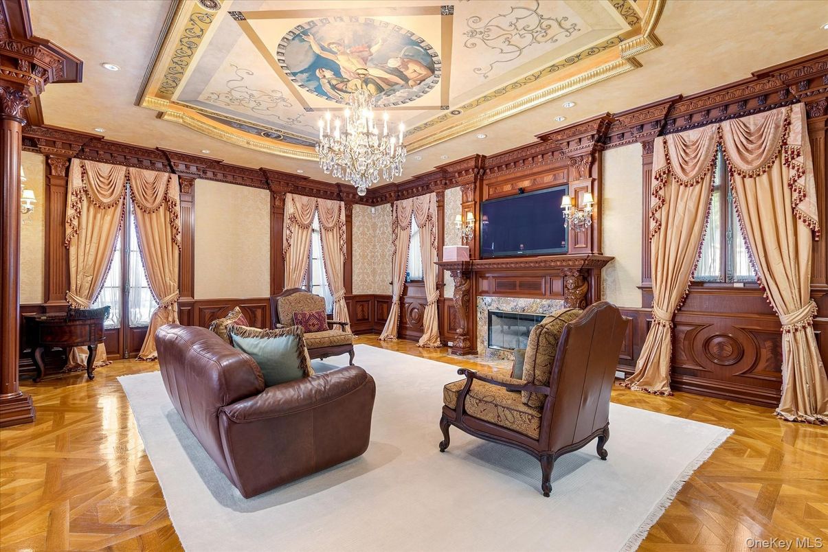 Chandelier, Fireplace, Interior, Piano, Recessed Lighting, Wood Texture Flooring