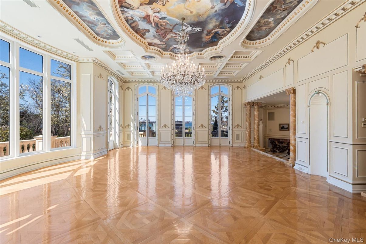 Chandelier, Empty room, Interior, Recessed Lighting, Wood Texture Flooring