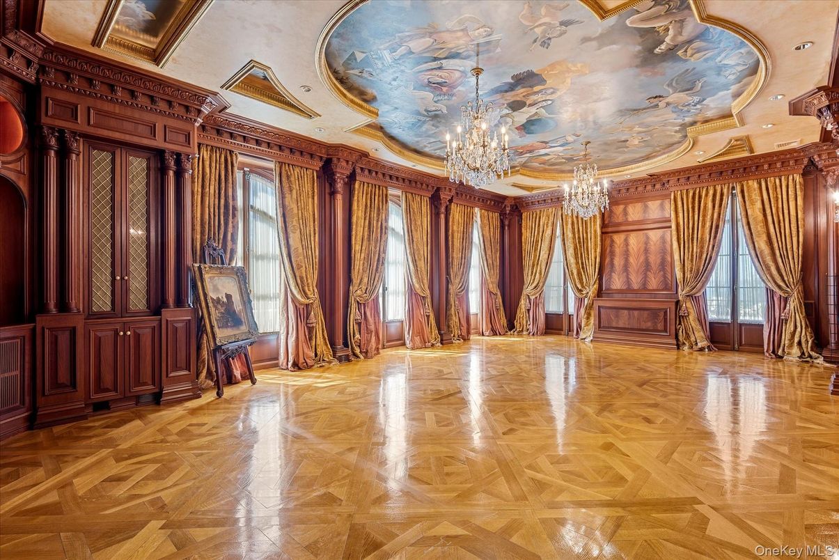Chandelier, Empty room, Interior, Recessed Lighting, Wood Texture Flooring