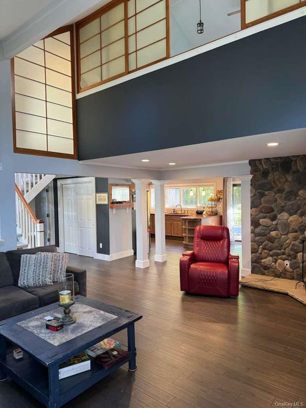 Interior, Living room, Recessed Lighting, Stone Walls, Wood Texture Flooring