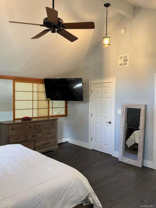 Bedroom, Interior, Pendant Lights, Wood Texture Flooring