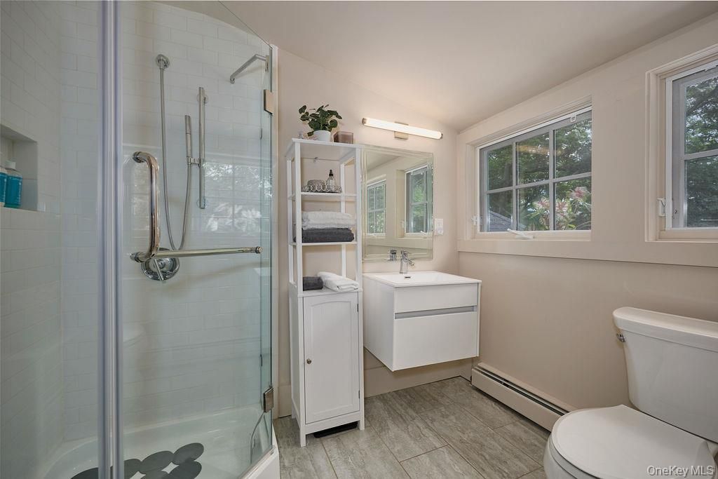 Bathroom, Glass Shower, Interior, Wood Texture Flooring