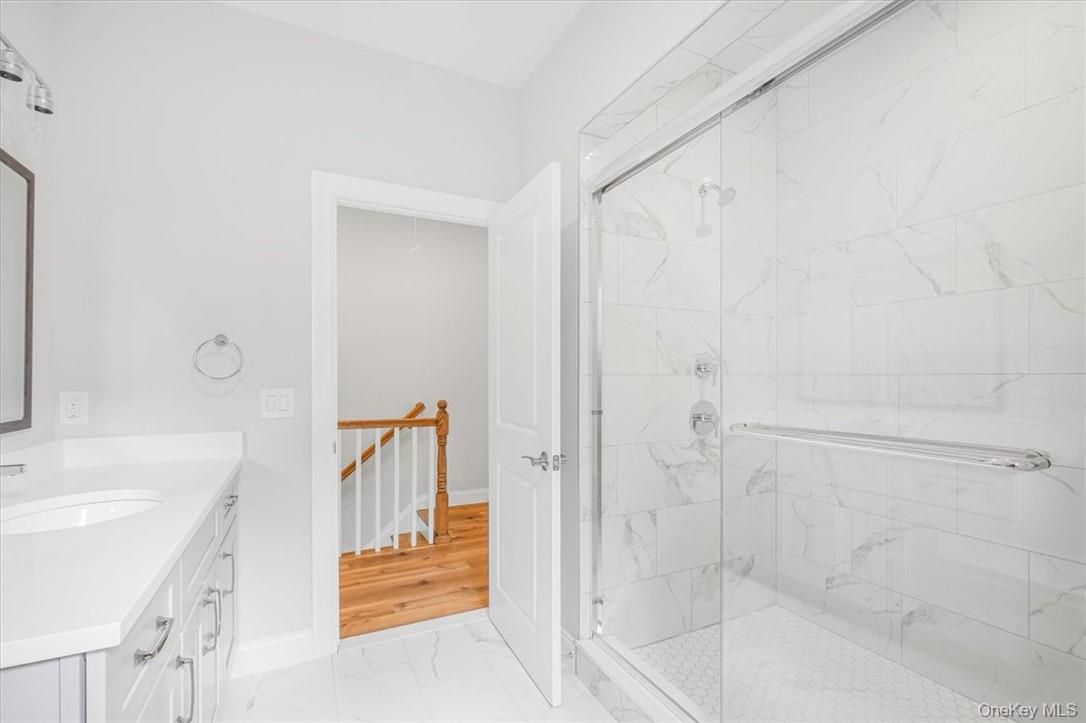 Bathroom, Glass Shower, Interior, Marble, Marble Walls, Wood Texture Flooring