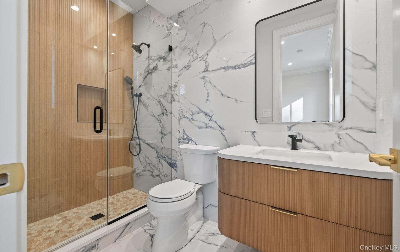 Bathroom, Glass Shower, Interior, Marble, Marble Walls, Recessed Lighting