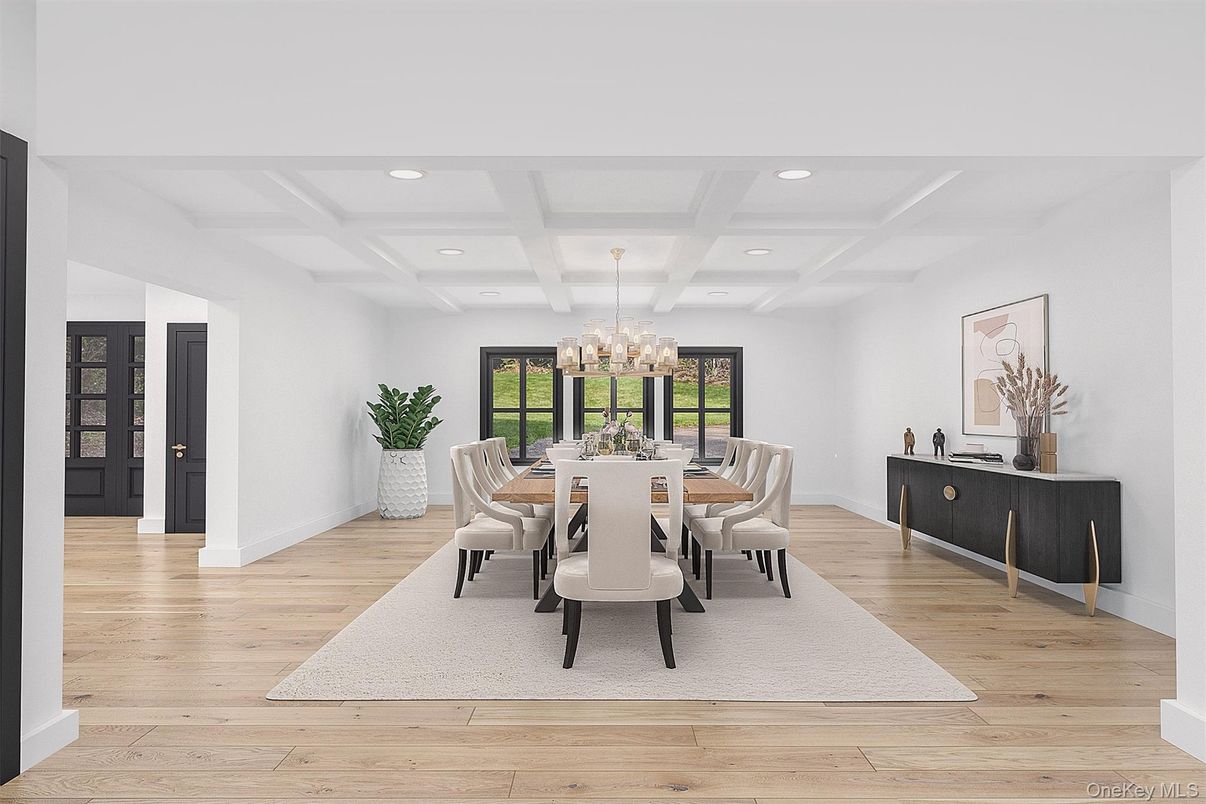 Chandelier, Dining room, Interior, Recessed Lighting, Wood Texture Flooring