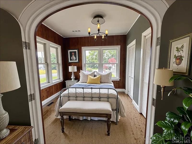 Bedroom, Chandelier, Interior, Wood Texture Flooring