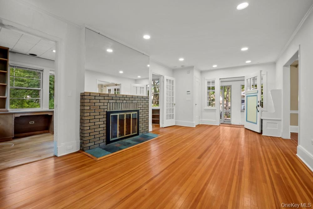 Empty room, Fireplace, Interior, Recessed Lighting, Wood Texture Flooring
