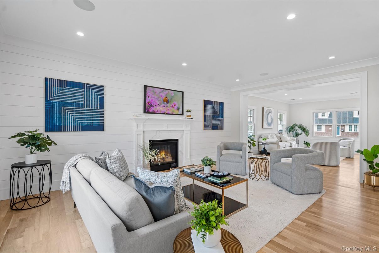 Fireplace, Interior, Living room, Recessed Lighting, Wood Texture Flooring