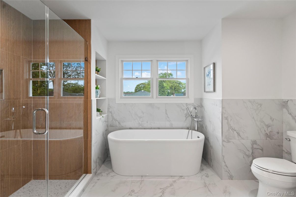 Bathroom, Free Standing Baths, Glass Shower, Interior, Marble, Marble Walls