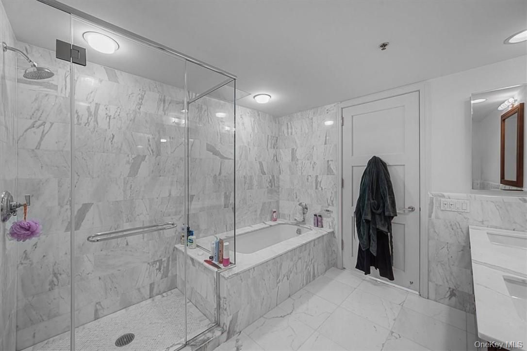 Bathroom, Glass Shower, Interior, Marble, Marble Walls, Recessed Lighting