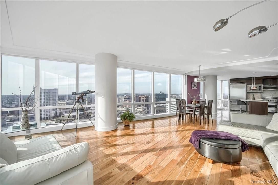 Dining room, Interior, Kitchen, Pendant Lights, Stainless Steel Appliances, Wood Texture Flooring