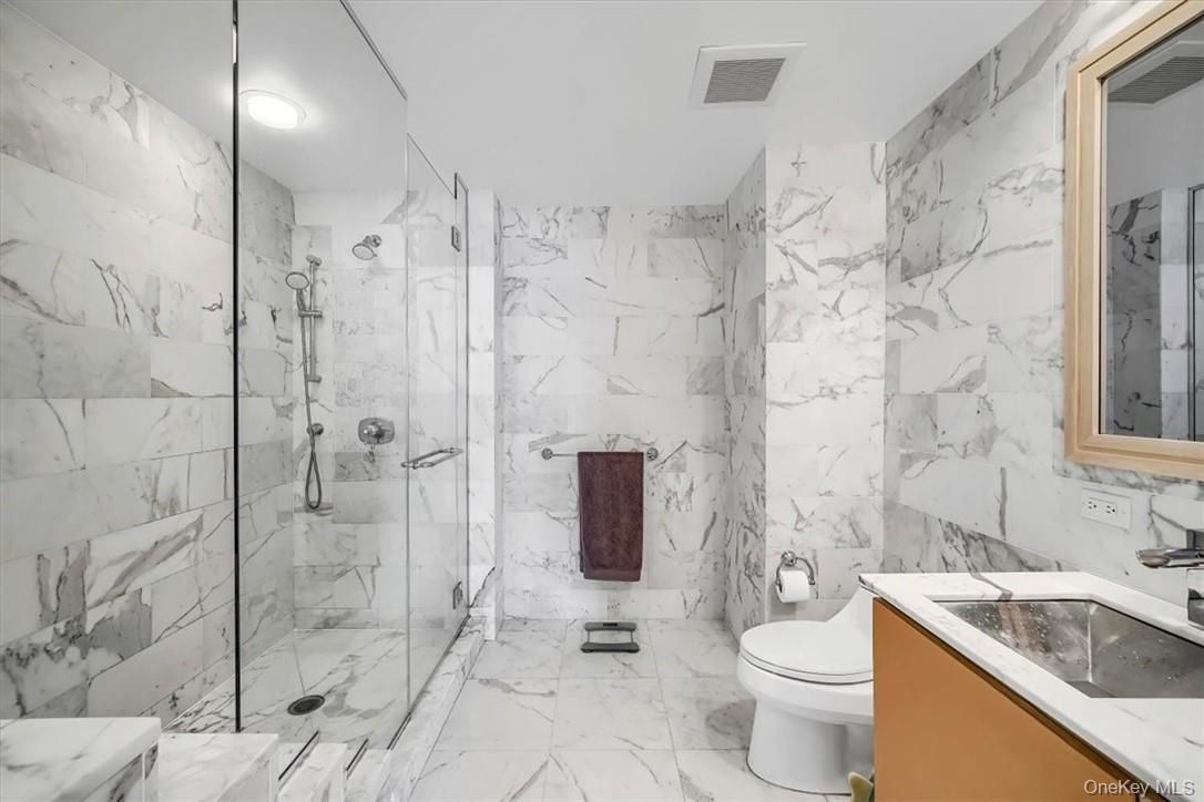 Bathroom, Glass Shower, Interior, Marble, Marble Walls, Recessed Lighting