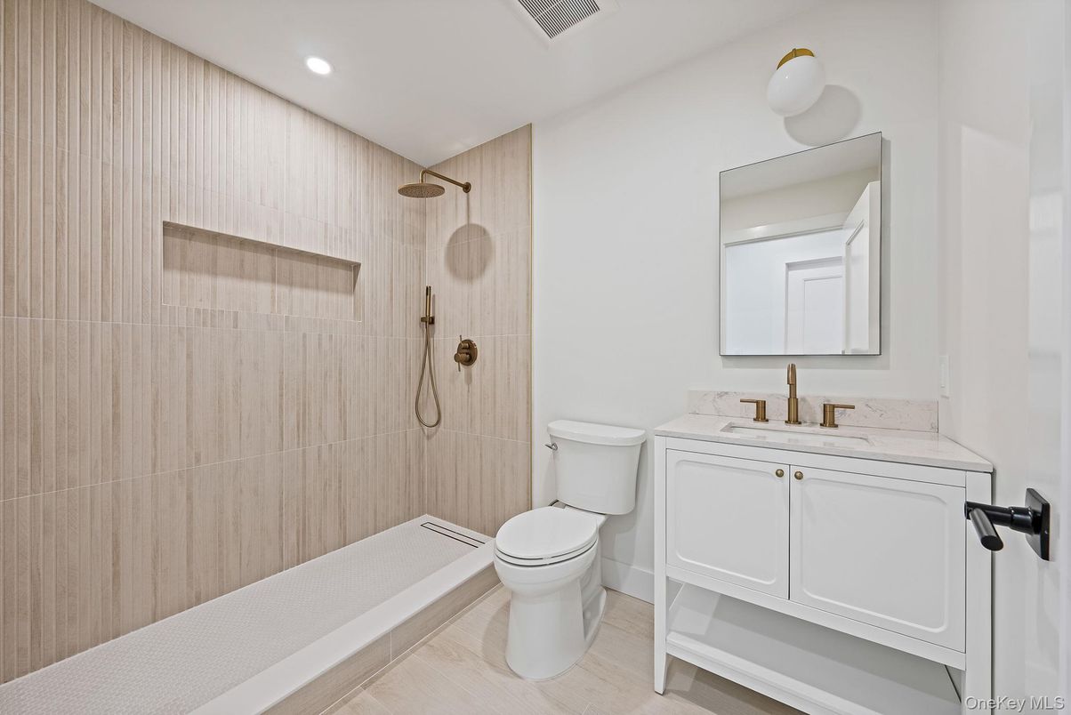 Bathroom, Glass Shower, Interior, Recessed Lighting, Wood Texture Flooring