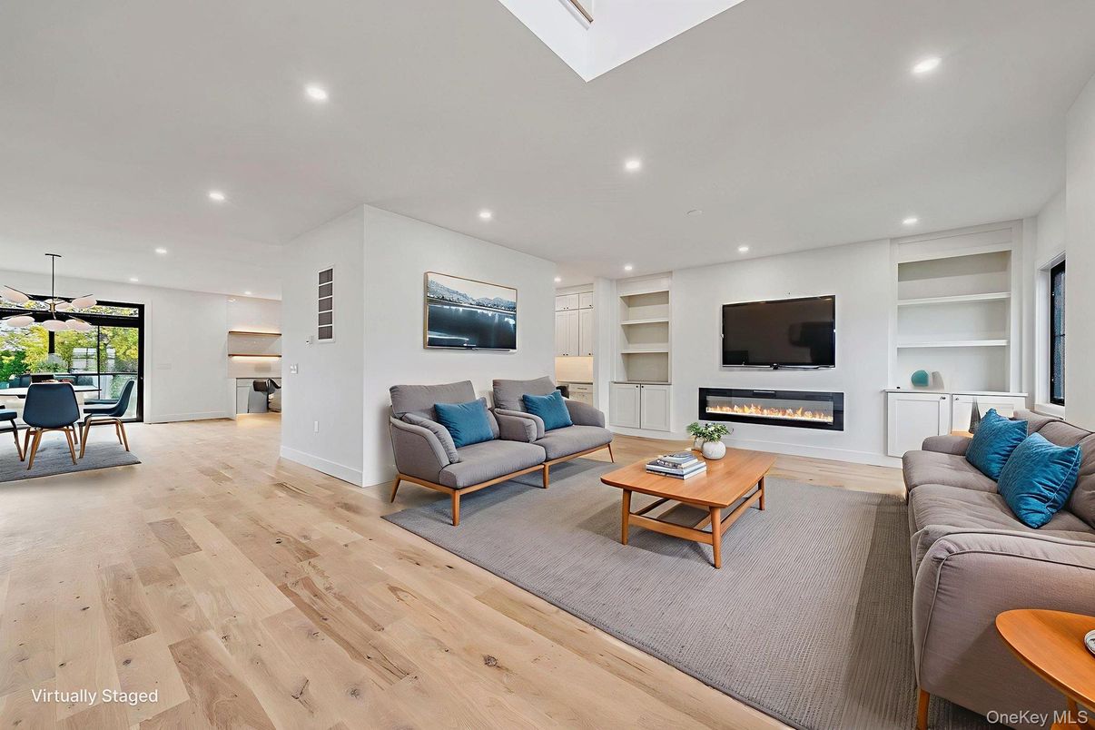 Dining room, Fireplace, Interior, Living room, Pendant Lights, Recessed Lighting, Wood Texture Flooring