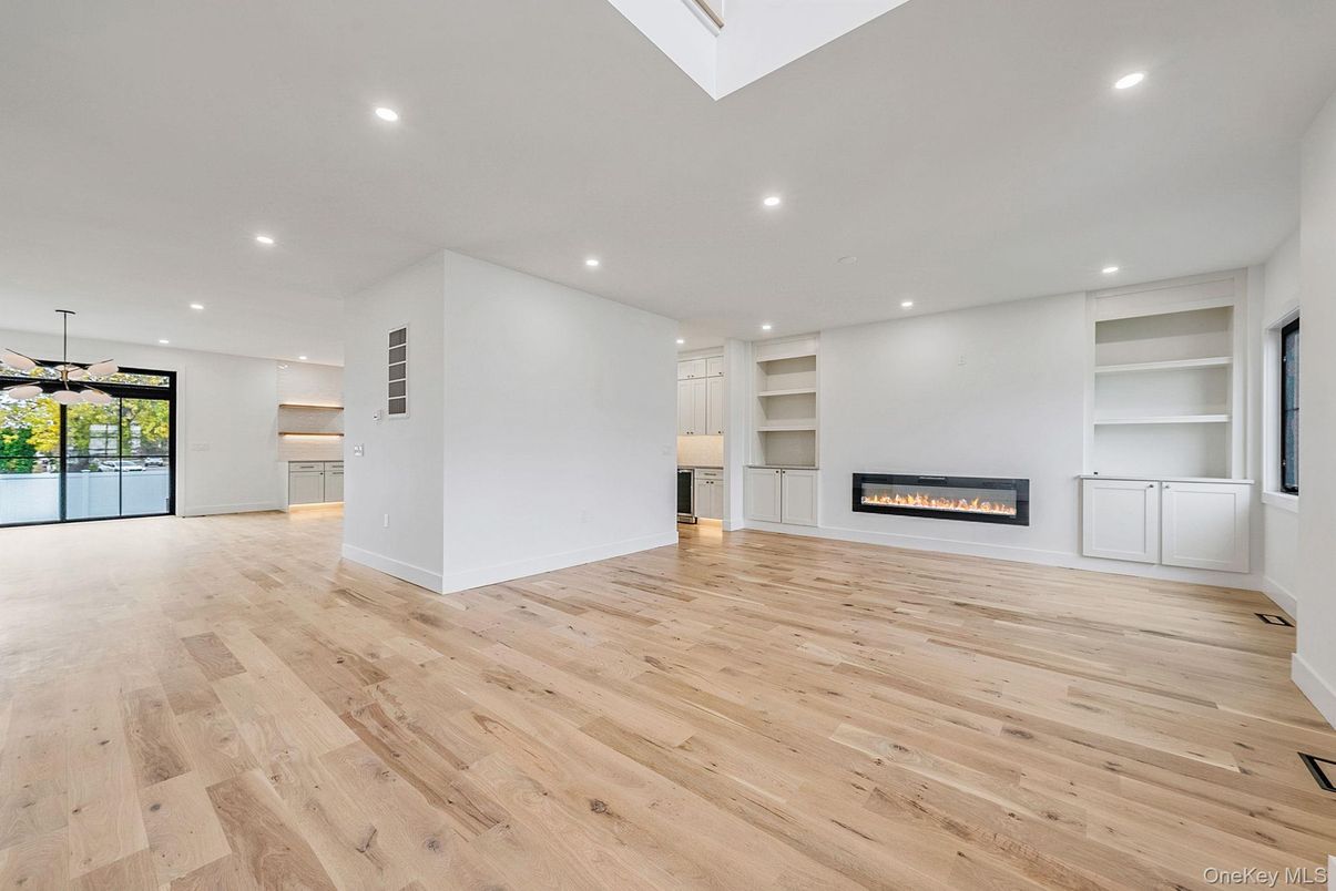 Empty room, Fireplace, Interior, Recessed Lighting, Wood Texture Flooring