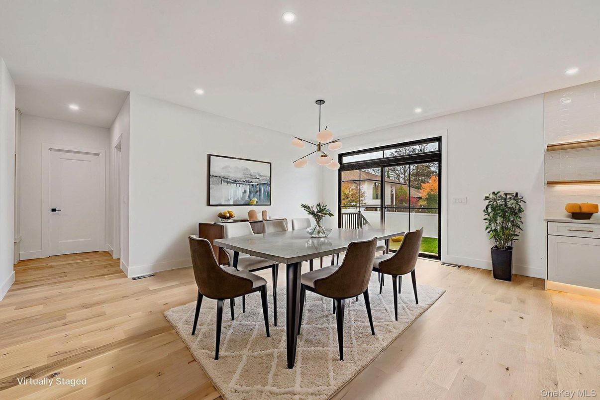 Dining room, Interior, Pendant Lights, Recessed Lighting, Wood Texture Flooring