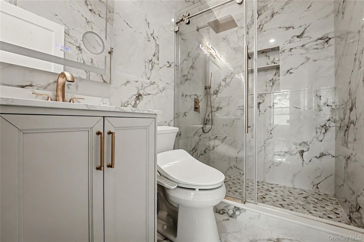 Bathroom, Glass Shower, Interior, Marble, Marble Walls, Recessed Lighting