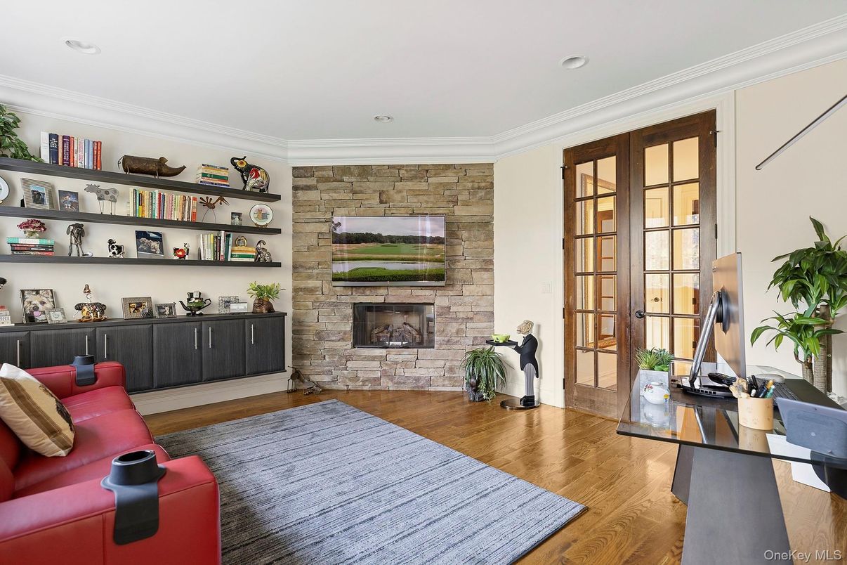 Fireplace, Home Office, Interior, Recessed Lighting, Stone Walls, Wood Texture Flooring