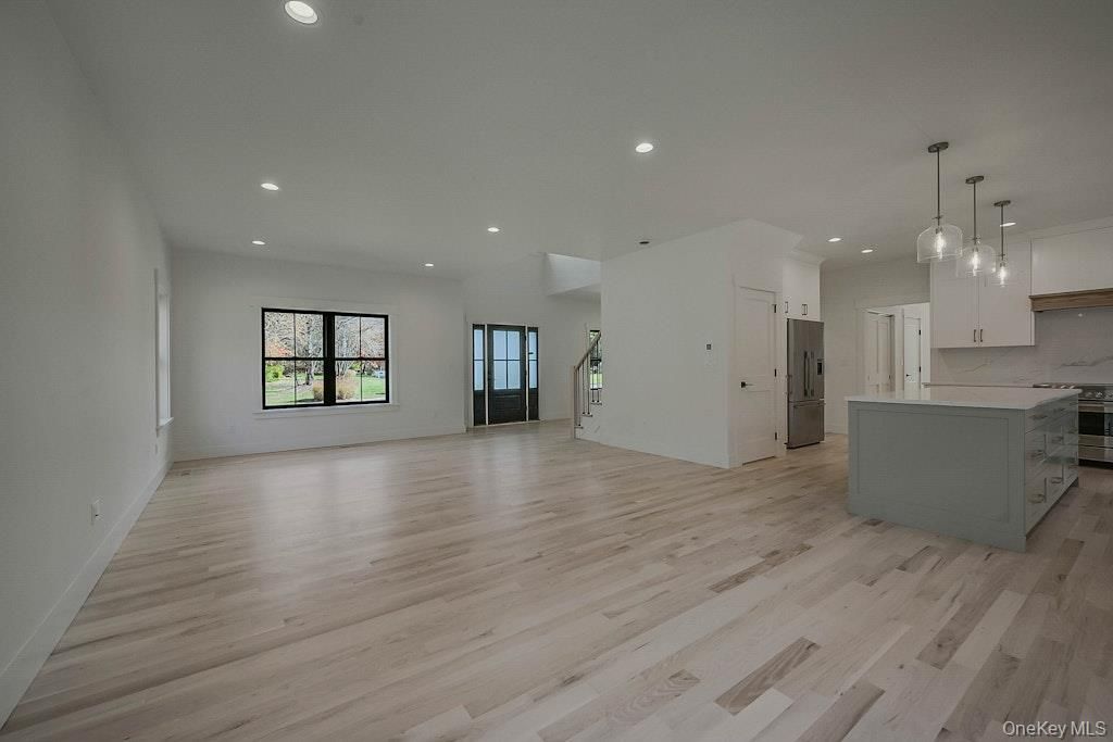Empty room, Interior, Kitchen, Pendant Lights, Recessed Lighting, Wood Texture Flooring